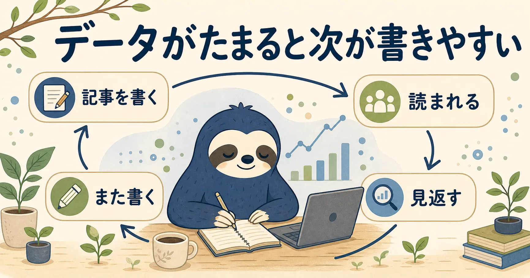 データがたまると次が書きやすい、記事を書く・読まれる・見返す・また書く流れを示したインフォグラフィック
