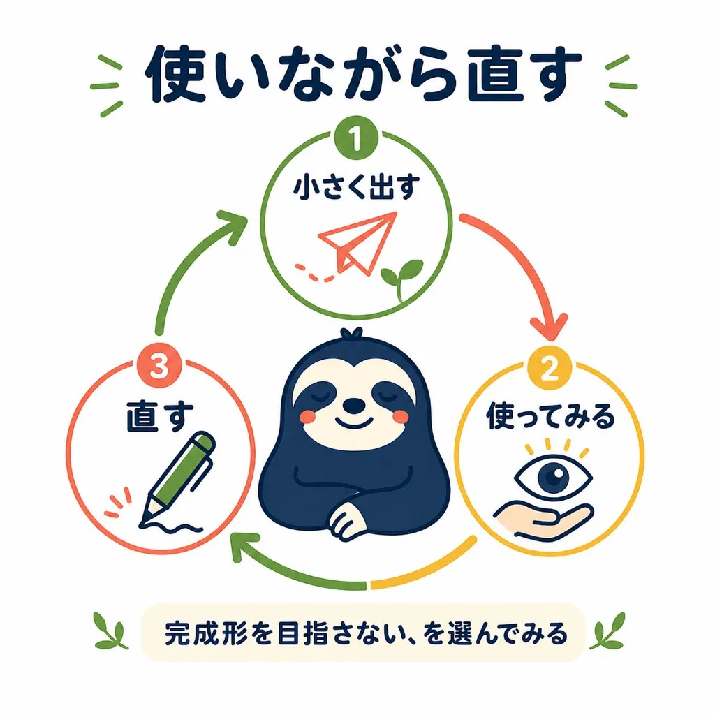 使いながら直す。①小さく出す → ②使ってみる → ③直す の循環。完成形を目指さない、を選んでみる。
